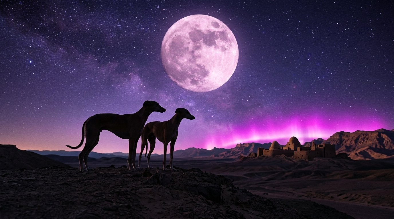 Two greyhound silhouettes side by side on a desert ridge under a massive moon with pink-purple aurora glow
