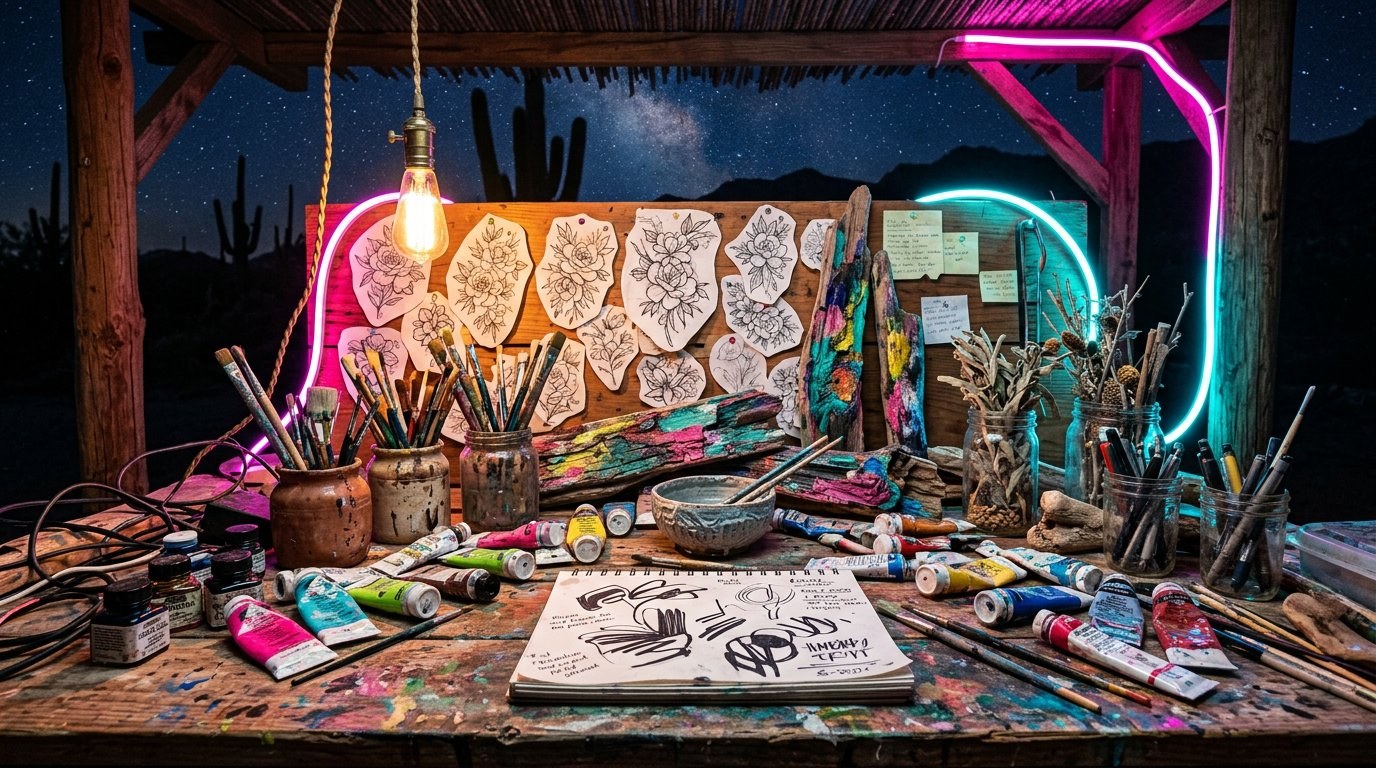 A messy outdoor artist workbench in the desert at night — paint tubes in vibrant colors, brushes, ink bottles, black-and-white floral tattoo flash drawings pinned to a wooden backboard, reclaimed wood pieces, pink and cyan neon LED strips wrapping around the structure