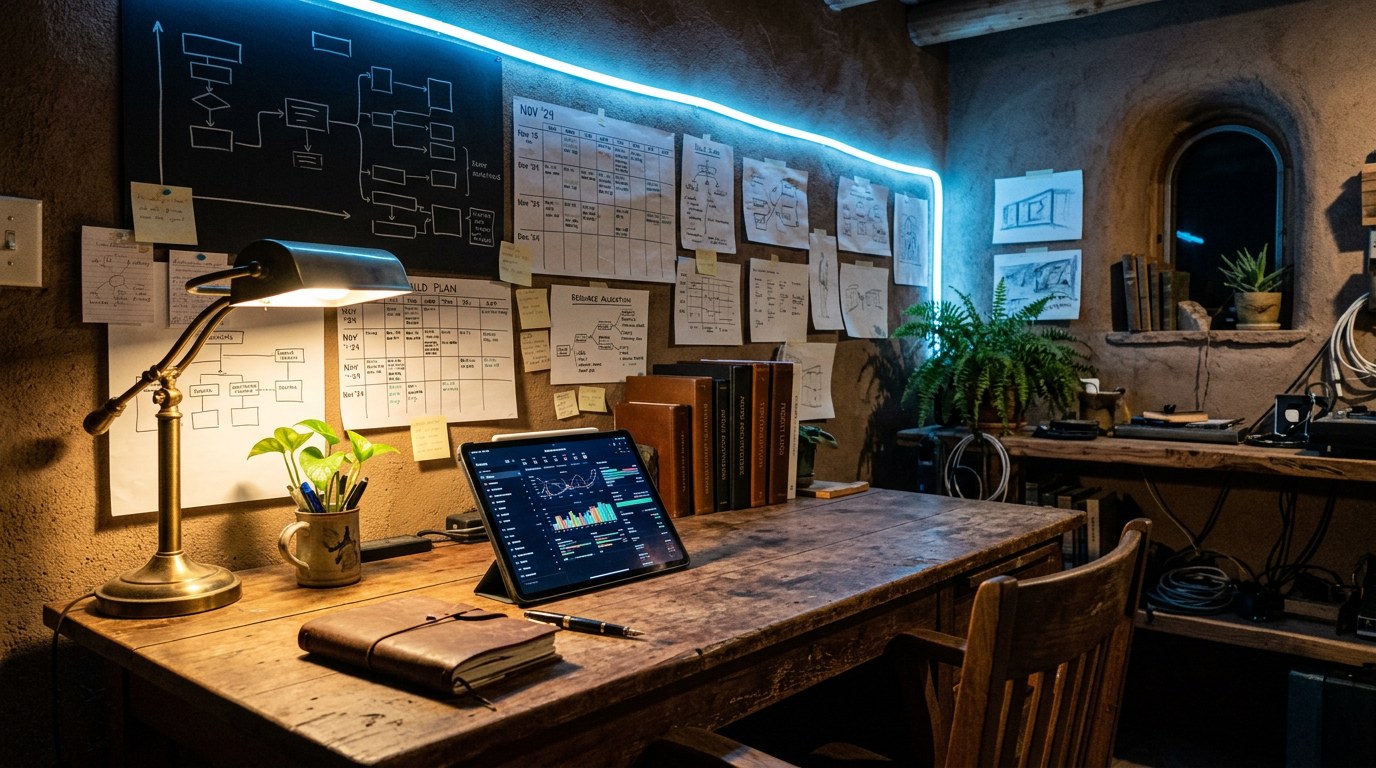 A converted adobe operations room at night with a weathered wooden desk, a glowing tablet showing a dashboard, brass desk lamp, leather notebook, planning charts and flowcharts pinned to the walls, electric blue LED strip on the ceiling