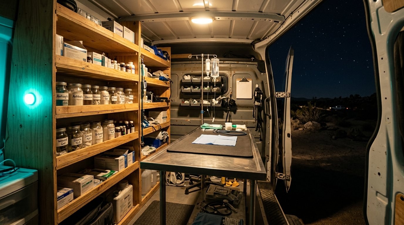 Interior of a mobile veterinary clinic van at night, back doors flung open to the starry desert, wooden shelves with labeled mason jars of supplies, stainless steel exam table, IV stand with bags, clipboard, a teal LED light glowing on the wall