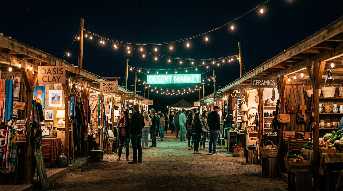 An open desert farmers and makers night market with wooden stalls, string lights, and a glowing mint-green sign