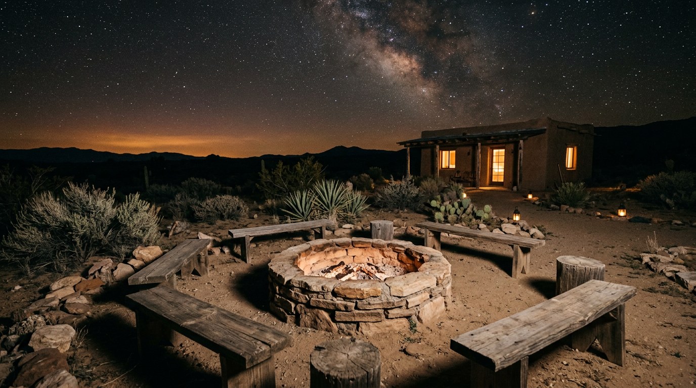 A circular stone fire pit at the center of a desert sanctuary at night, wooden benches arranged around it, a small adobe shelter with warm window light in the background, agaves and desert plants, orange-brown horizon glow, Milky Way overhead