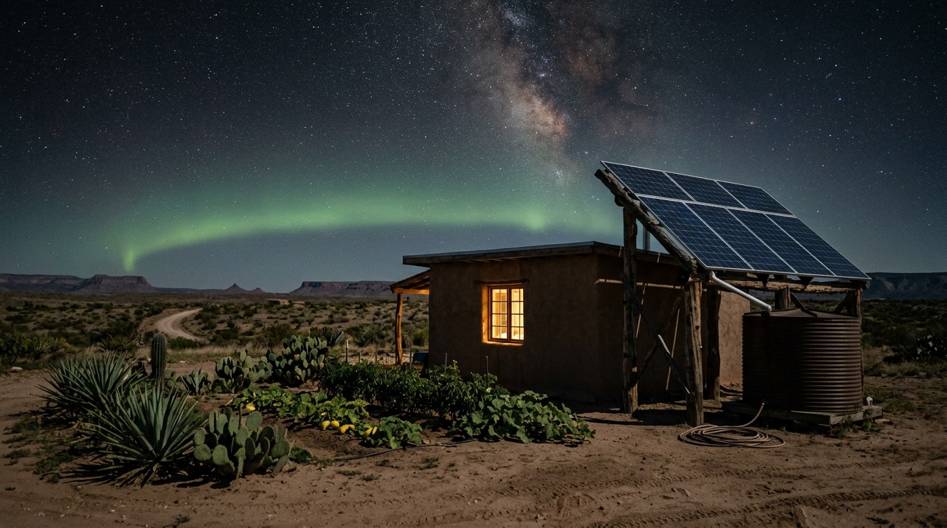 A small adobe off-grid homestead at night with solar panels on a wooden frame, a water catchment tank, a warm window light, a dryland garden of agaves and squash, an emerald aurora arching across the sky, Milky Way overhead