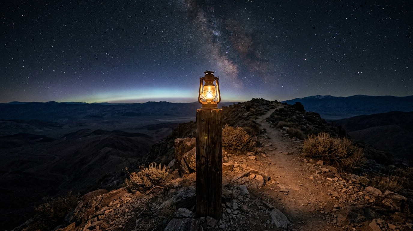 A single weathered old lantern on a wooden post on a desert ridge at night, the Milky Way overhead, a worn trail leading along the ridge, soft pearl-silver glow on the horizon
