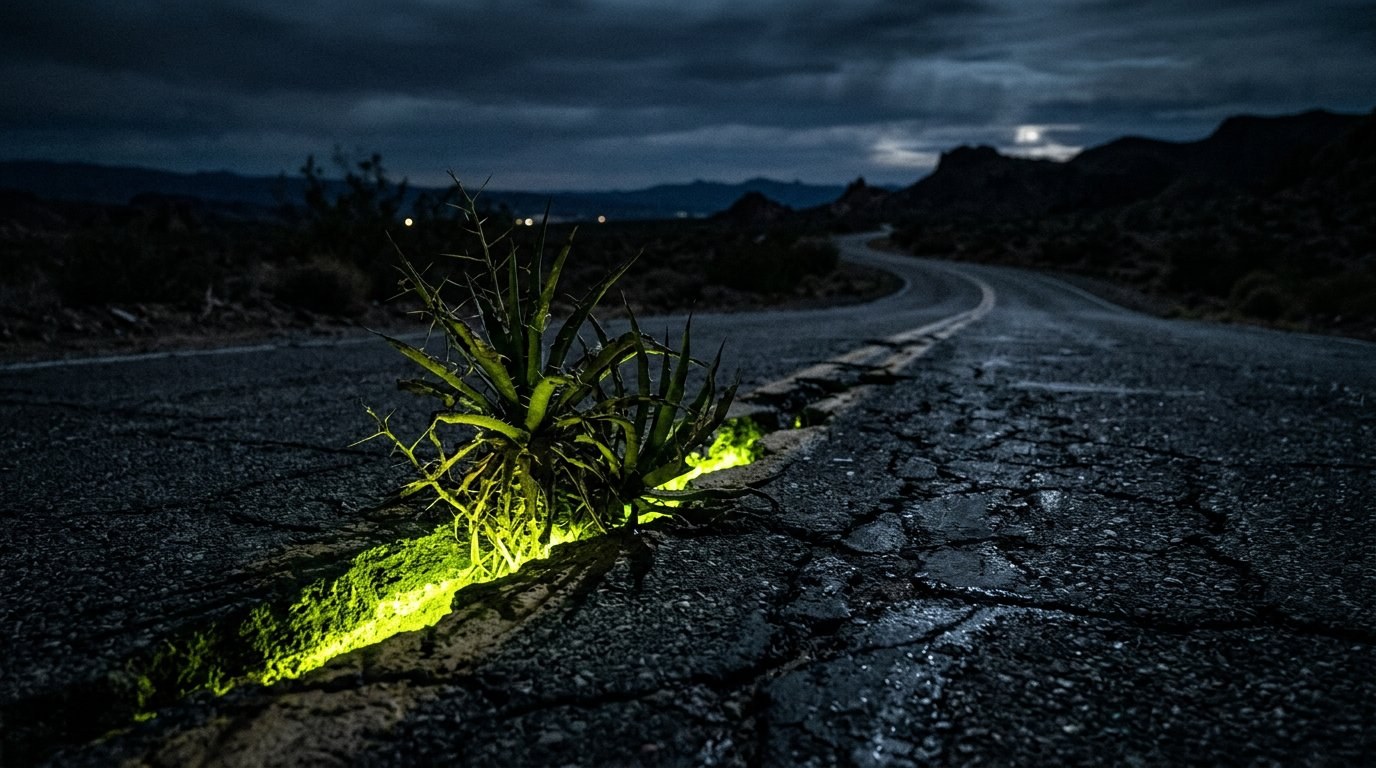 A wild desert plant pushing through cracked asphalt at night, with neon lime green light glowing from the crack