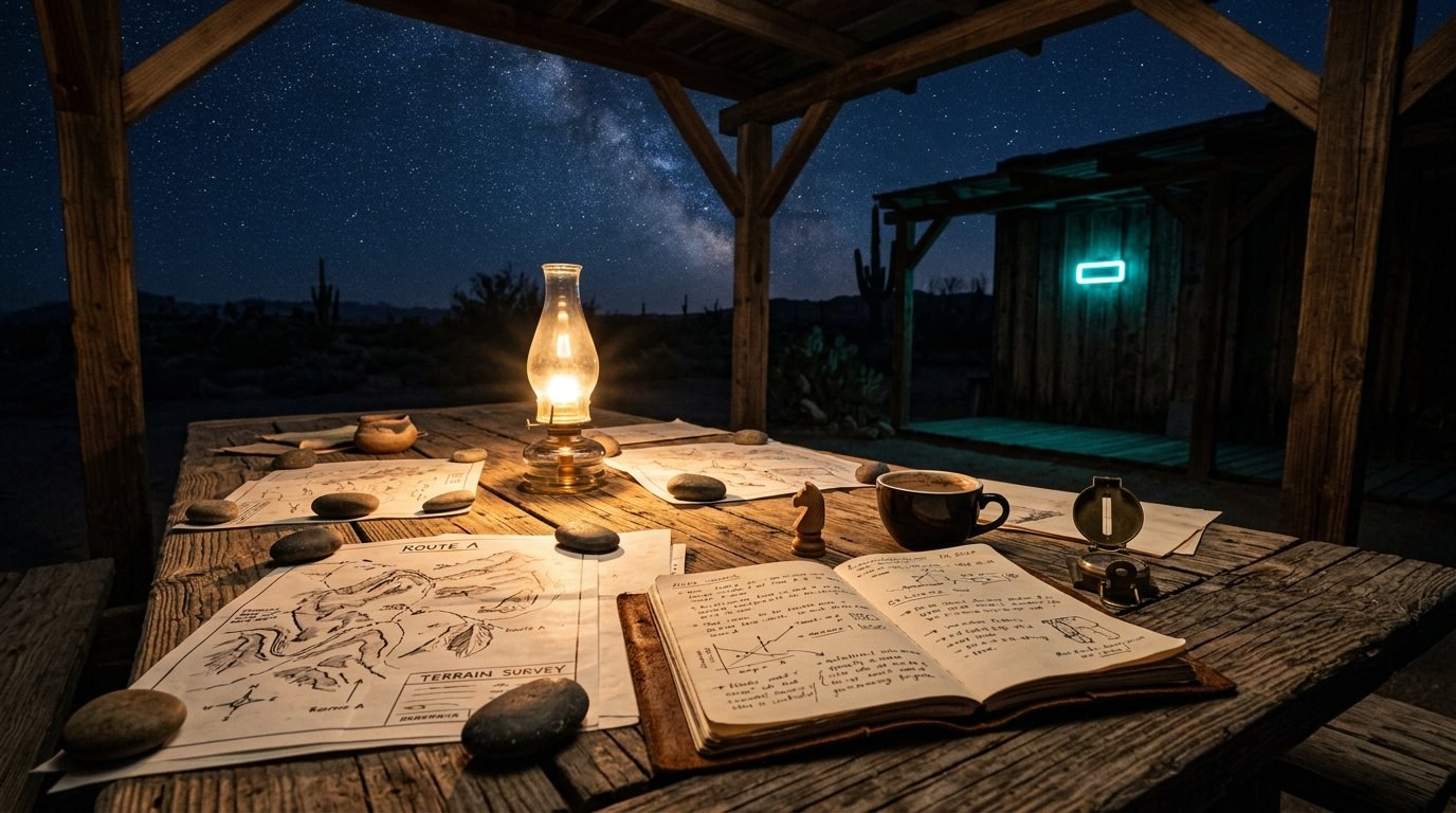 A weathered wooden table outdoors under a ramada with terrain survey maps, an oil lamp, a notebook with handwritten plans, a brass compass and chess piece, a cyan neon sign glowing in the background