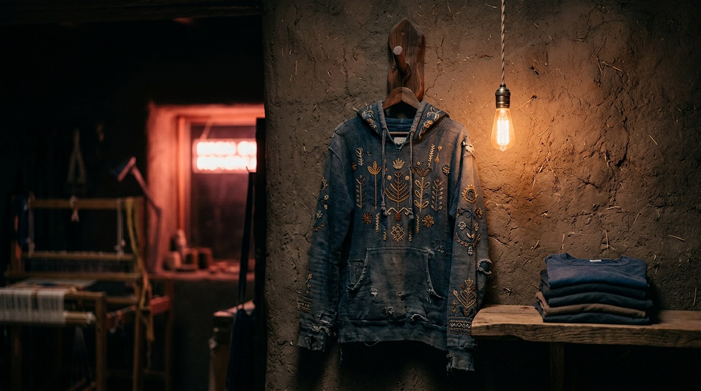 A weathered handmade denim hoodie with gold embroidered botanical motifs hanging on a wooden hook on an adobe wall, a warm Edison bulb glowing, a folded stack of t-shirts nearby, a weaving loom in the background, coral light tone in the deeper room