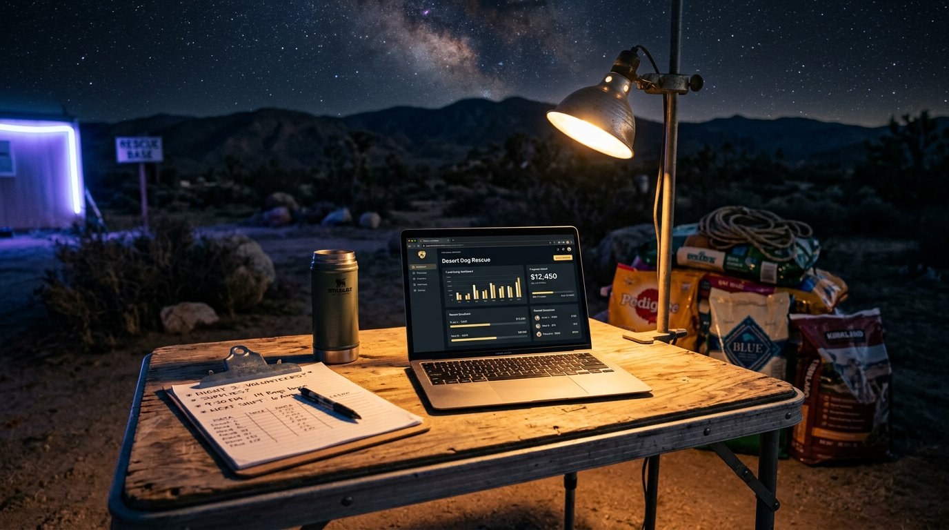 A desert rescue basecamp at night — a folding table with a glowing laptop showing a fundraising dashboard, dog food bags, a clipboard with volunteer notes, a coffee thermos, and a violet neon RESCUE BASE sign glowing in the background