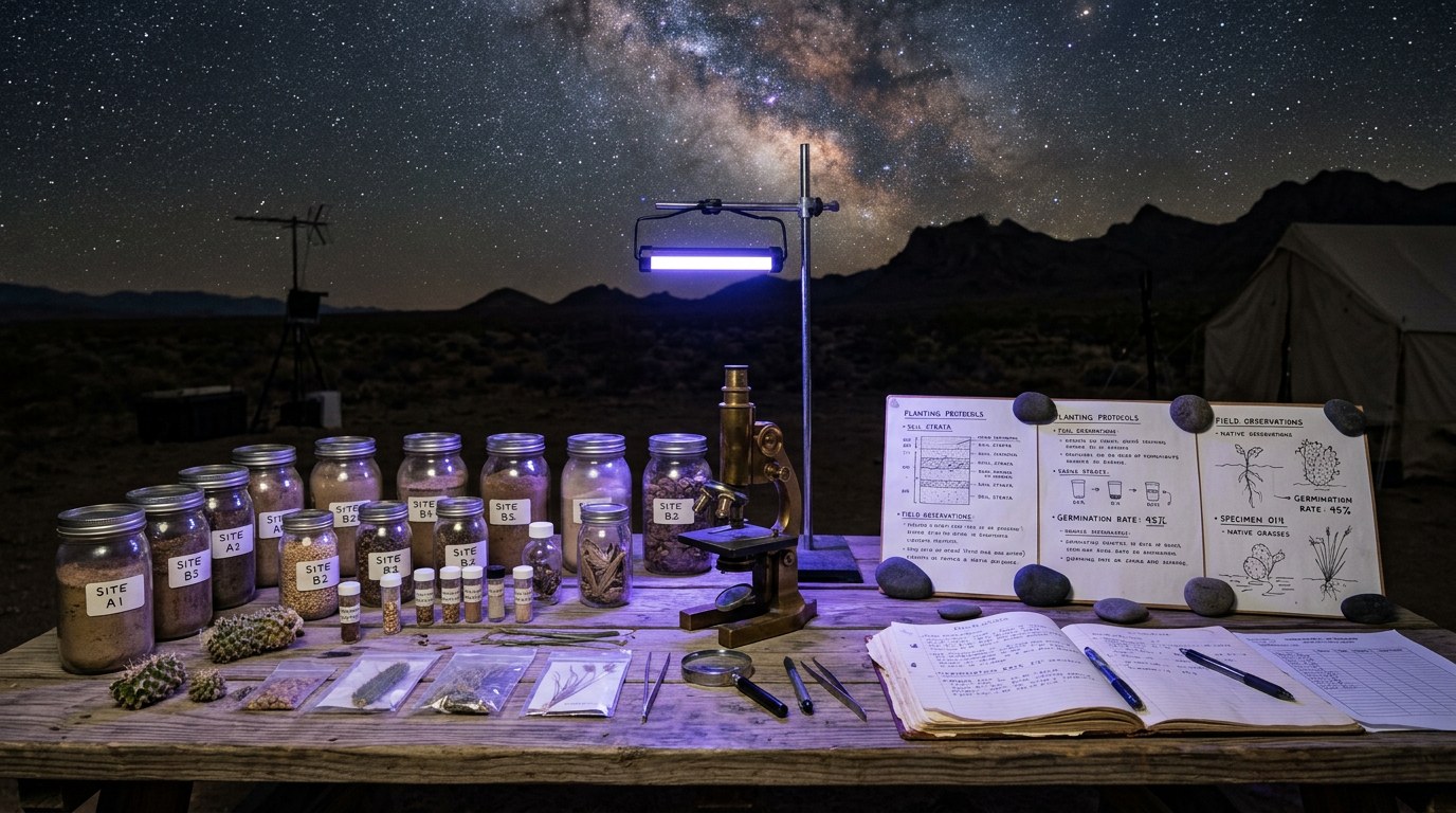 A long wooden research table outdoors at a desert research station at night, glass jars of labeled soil samples and seeds, a vintage brass microscope, hand-drawn planting protocol posters, an open lab notebook, a violet LED tube glowing above, Milky Way overhead